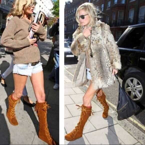 Minnetonka Vintage Fringe Tall Lace Boots Suede 10 Knee High Native Brown Tan - Picture 2 of 9